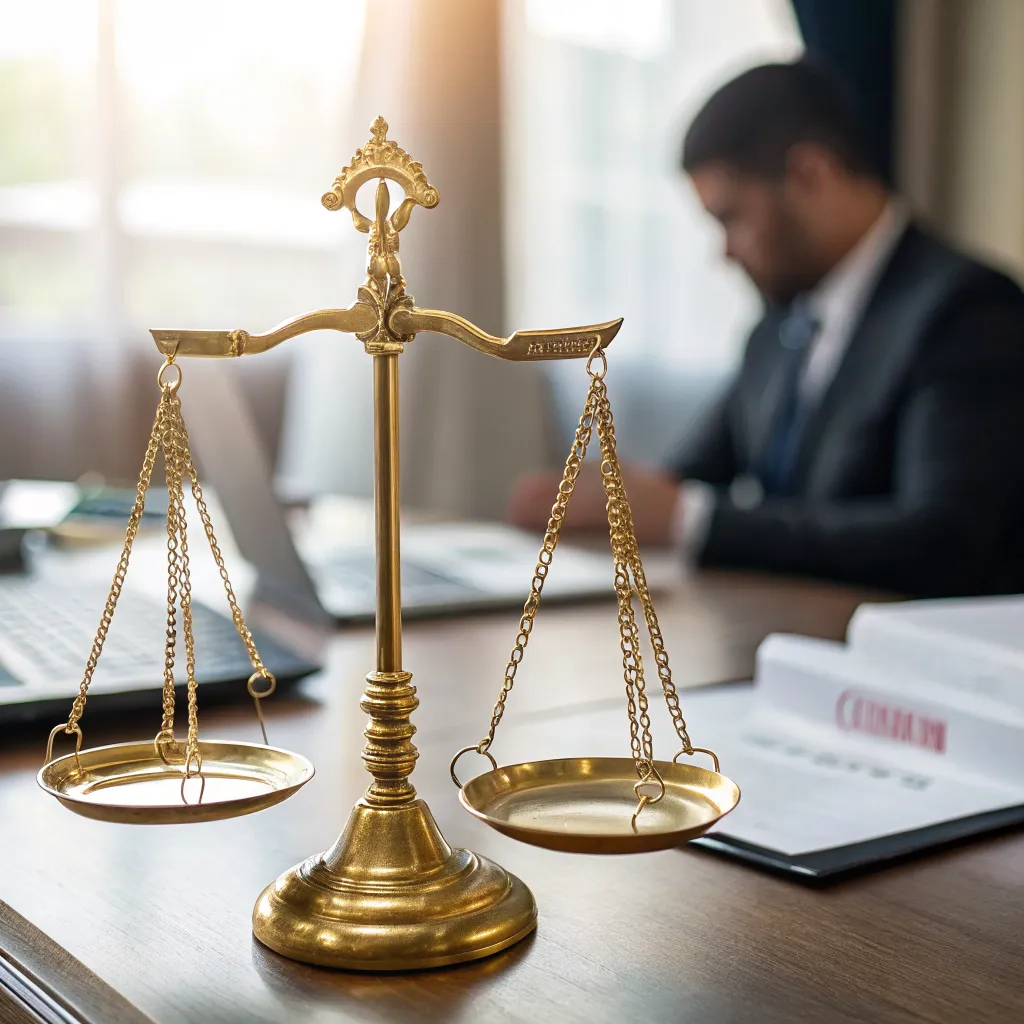 Balanza de justicia dorada representando transparencia legal y editorial