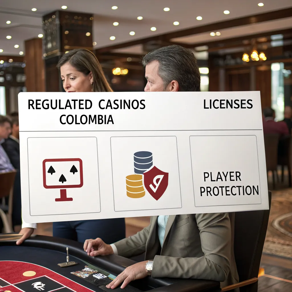 Ilustración editorial de preguntas frecuentes sobre casinos regulados en Colombia con iconos de licencias y protección al jugador