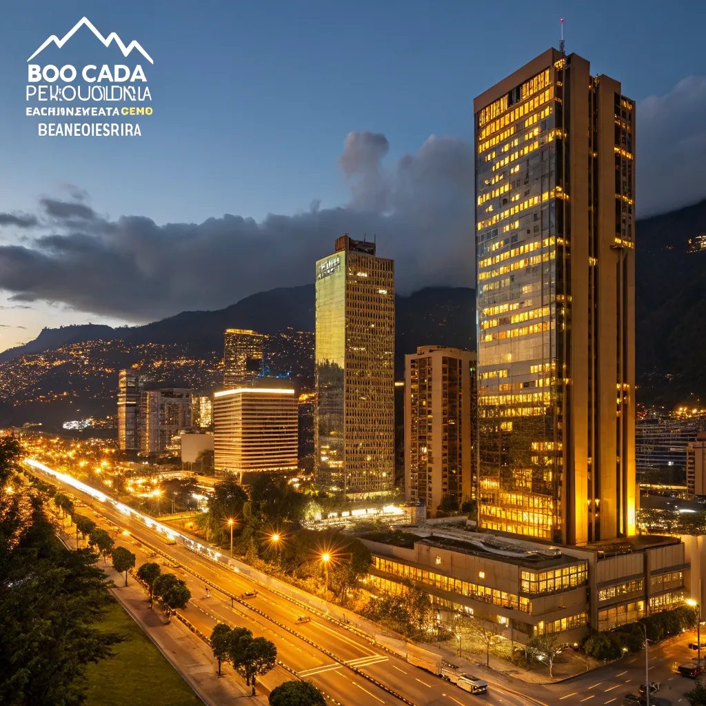 Vista panorámica nocturna de Bogotá con luces doradas reflejadas en edificios modernos