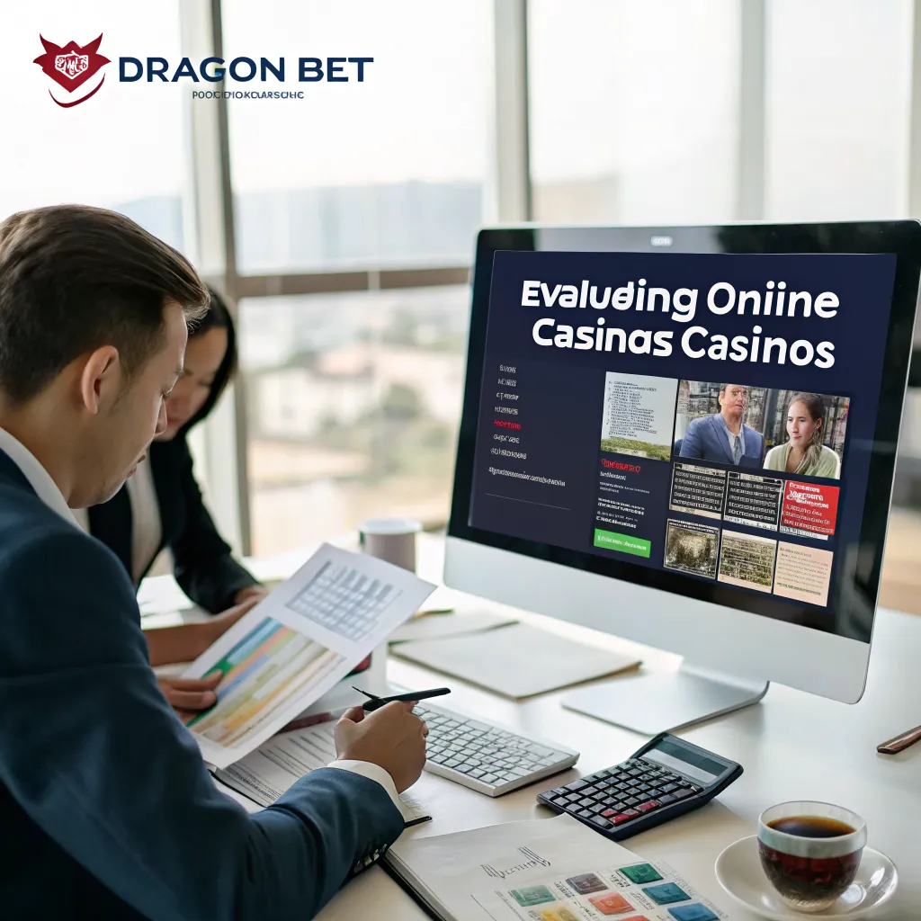 Ilustración editorial del proceso de evaluación de casinos en línea por DragonTimeForSpin